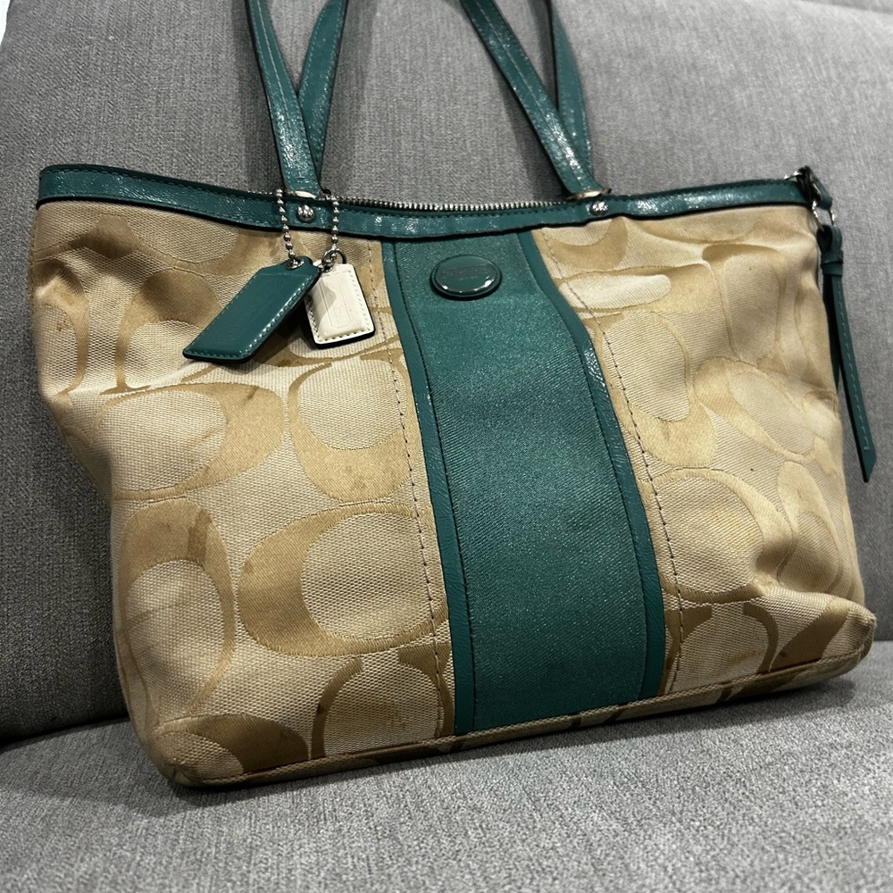 Coach Beige and Teal Signature Tote